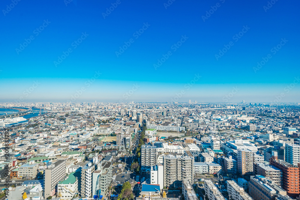 Asia business concept for real estate and corporate construction - panoramic urban city skyline aerial view under blue sky and sunny day in funabori, tokyo, Japan Asia business concept for real estate and corporate construction - panoramic urban city skyline aerial view under blue sky and sunny day in funabori, tokyo, Japan