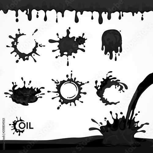 Black oil drops and splash, set of paint dripping liquid drips