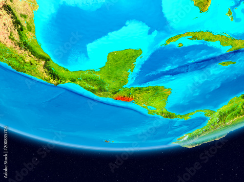 Satellite view of El Salvador in red