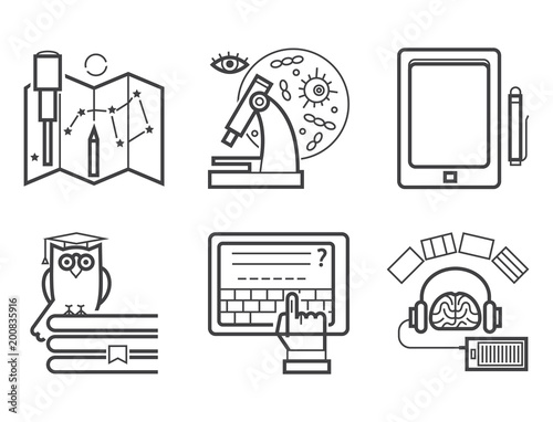 Set of flat design outline icons education tutorials staff training learning research knowledge vector illustration.