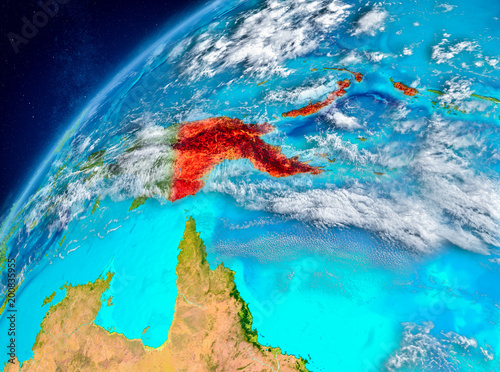 Space view of Papua New Guinea in red