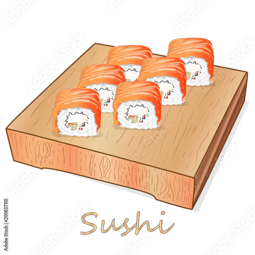 Illustration of roll sushi with salmon, prawn, avocado, cream cheese. Sushi menu. Japanese food isolated.