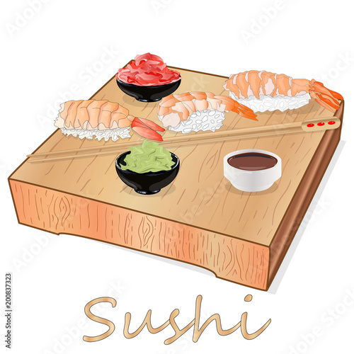 Illustration of roll sushi with salmon, prawn, avocado, cream cheese. Sushi menu. Japanese food isolated.