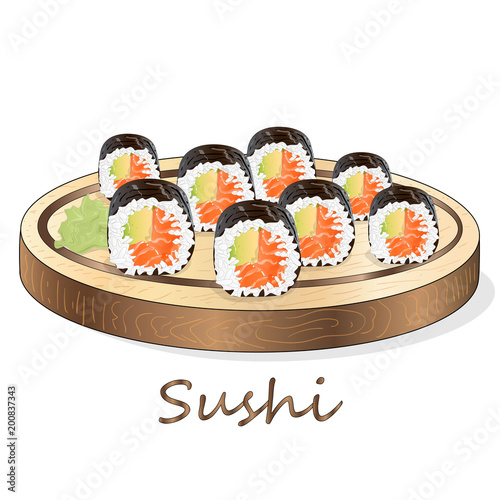 Illustration of roll sushi with salmon, prawn, avocado, cream cheese. Sushi menu. Japanese food isolated.