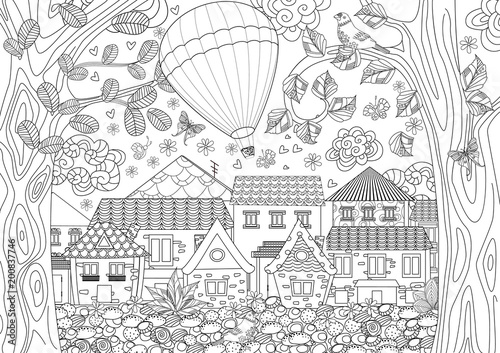 rustic landscape with hot air balloon in the sky above the cute
