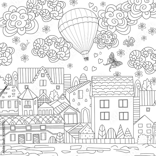hot air balloon in the sky above nice town for your coloring boo