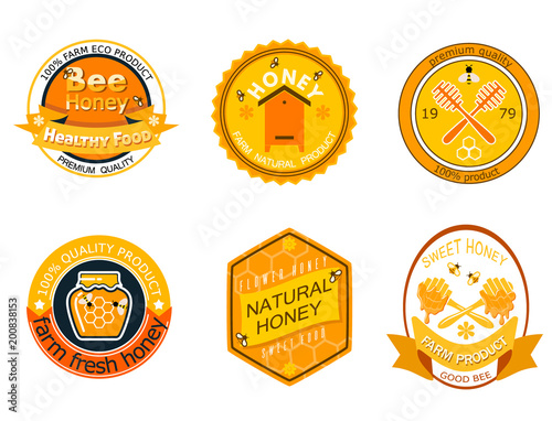 Set bee logo labels for honey products organic farm natural sweet product quality healthy food vector illustration.