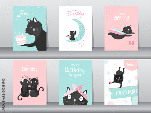 Set of cute cat on birthday backgrounds.Design for kid cards,Vector illustrations.