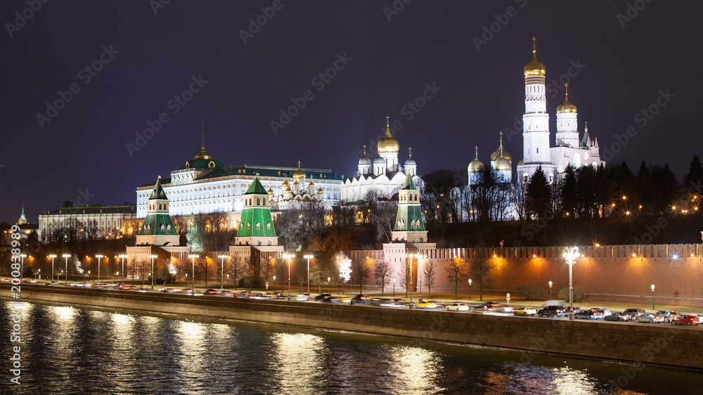 Beautiful view of the Night Moscow from the waterfront. Kremlin wall. Red square