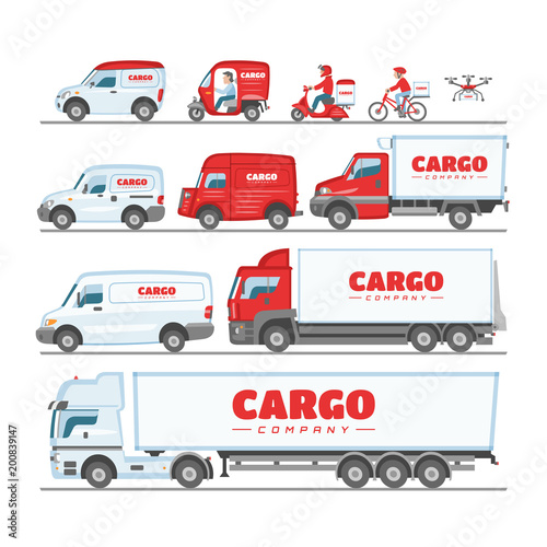 Cargo truck vector van or minivan car for delivery or transportation freight illustration set of mock up vehicle delivering or transporting load isolated on white background