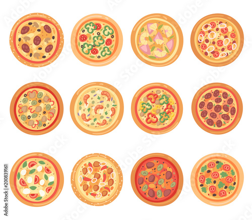 Pizza vector italian food with cheese and tomato in pizzeria and baked pie with sausages in pizzahouse in Italy illustration set isolated on white background