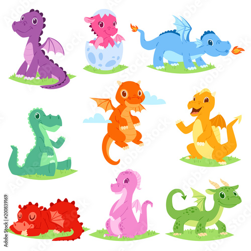 Cartoon dragon vector cute dragonfly or baby dinosaur illustration set of dino characters from from kids fairytale isolated on white background