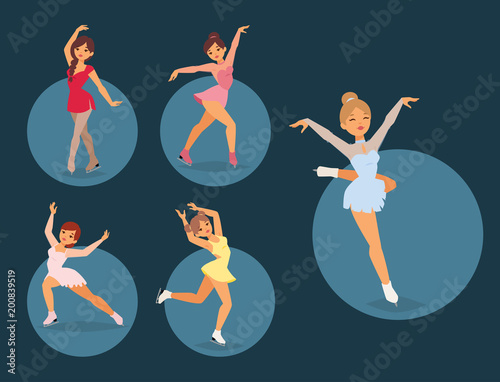 Figure ice skater vector cartoon trick figure women beauty sport girls doing exercise and tricks jumping ice skater characters dancer figurist skates girls performance illustration