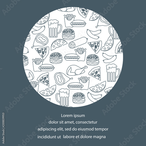 Beer, different types of food and fast food.