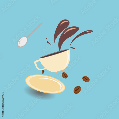 Hot coffee spilled out of the cup with coffee bean

