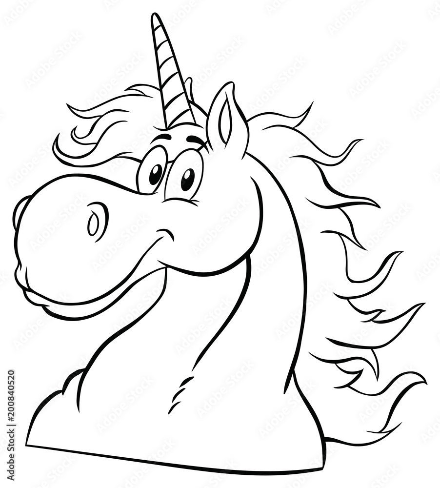 Black And White Magic Unicorn Head Classic Cartoon Character. Illustration  Isolated On White Background Stock Vector | Adobe Stock
