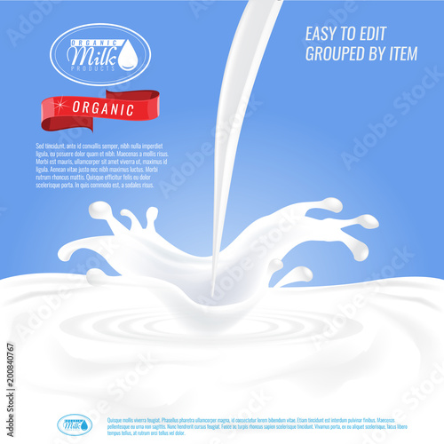 Package design with milk splash for milky dairy products. Avertisement layout template vector.