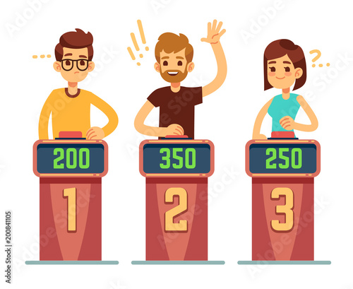 People answering questions and pressing buttons on quiz show. Conundrum game competition vector concept