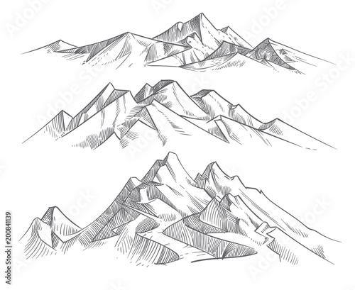Hand drawing mountain ranges in engraving style. Vintage mountains panorama vector nature landscape