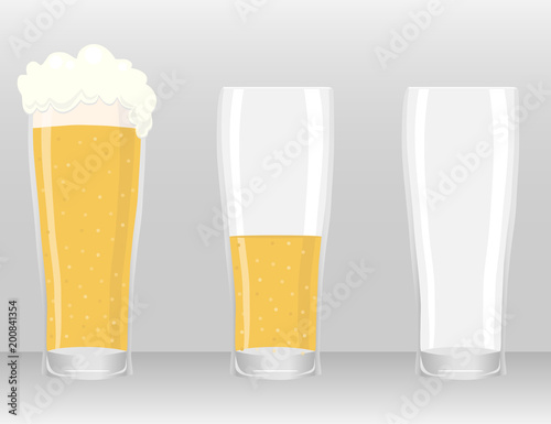 A beer glass, an empty and full beer glass. A glass of beer.