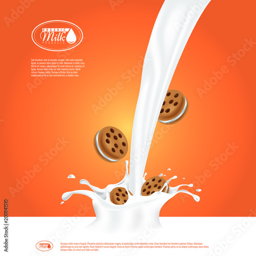 Realistic milk splash with sandwich cookies. Empty milk advertisement or banner template for your design.