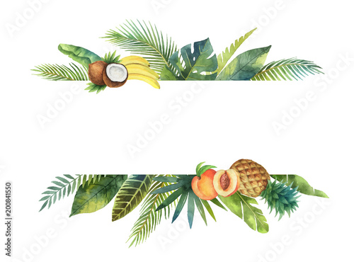 Watercolor vector banner tropical leaves and fruits isolated on white background. photo