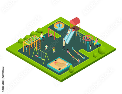 Children playing with parents on kids playground with game equipment. Isometric cartoon vector with 3d little people