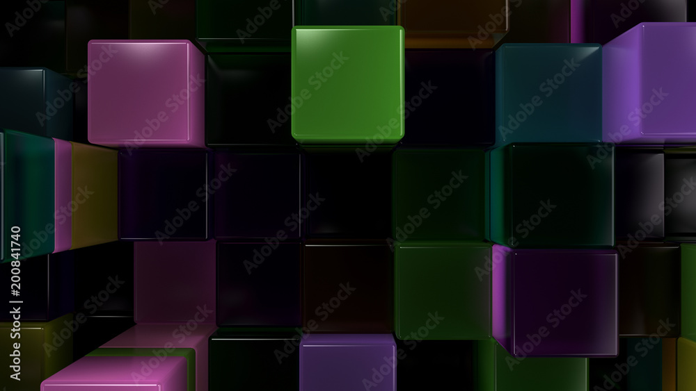 Wall of blue, green, brown and purple glass cubes Wall of blue, green, brown and purple glass cubes