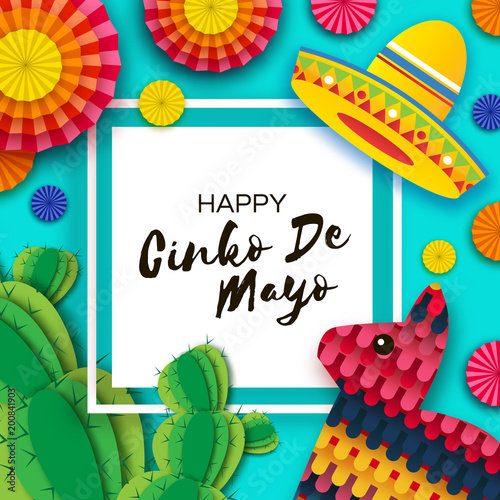 Happy Cinco de Mayo Greeting card. Colorful Paper Fan, Funny Pinata and Cactus in paper cut style. Origami Sombrero hat. Mexico, Carnival. Square frame on blue. Space for text.