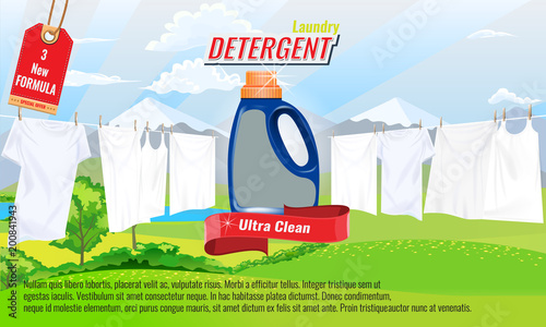 Laundry detergent ads template with package design with water splash effect, white clothes and nice bokeh. Vector design elements. photo