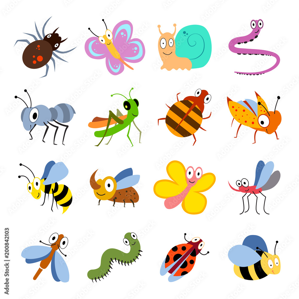 Cute and funny bugs, insects vector collection. Cartoon insects set Stock Vector | Adobe Stock Cute and funny bugs, insects vector collection. Cartoon insects set Stock Vector | Adobe Stock