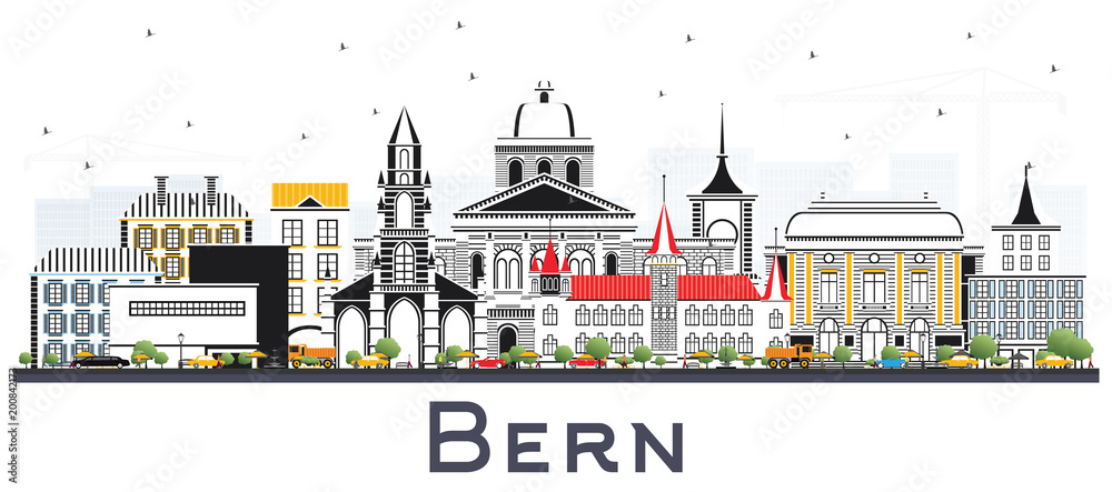 Bern Switzerland City Skyline with Color Buildings Isolated on White.