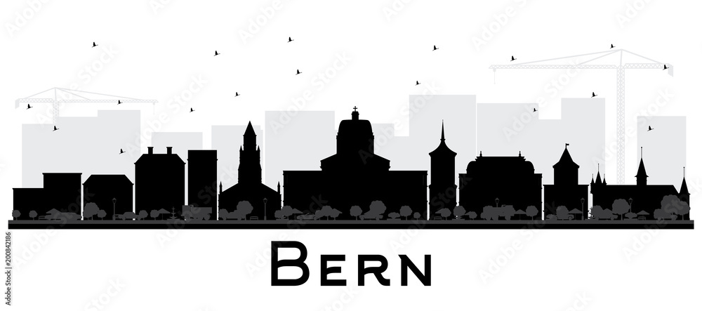 Bern Switzerland City Skyline with Black Buildings Isolated on White.