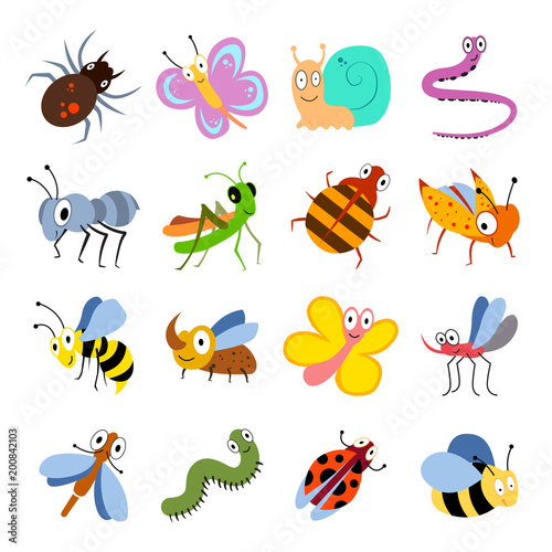 Cute and funny bugs  insects vector collection. Cartoon insects set