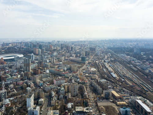 The city landscape with railroad tracks and the Olympic Sports Complex. Kiev, Ukraine