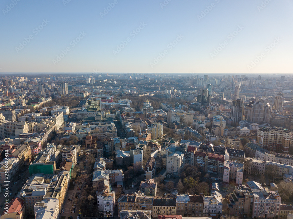 Landscape on the old city of Kiev with a spring sunny day. Photography from a drone