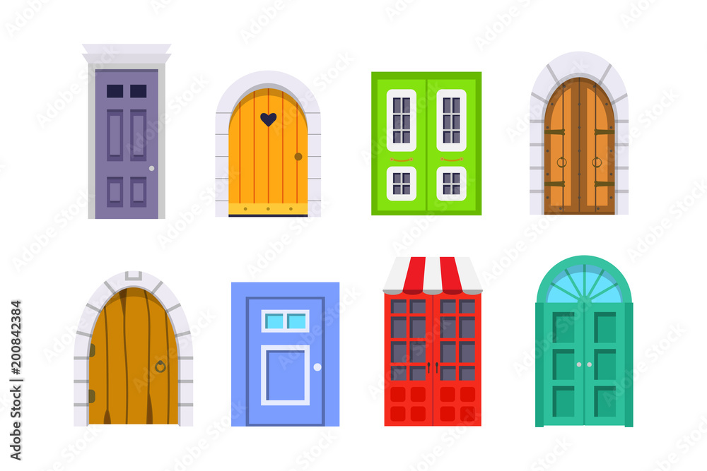 Set entrance door front view. homes and buildings vector element in cartoon style. Set entrance door front view. homes and buildings vector element in cartoon style.