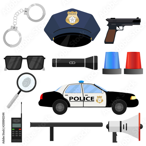 The police set. Handcuffs, cap, police token, police car, baton, loudspeaker, walkie-talkie.