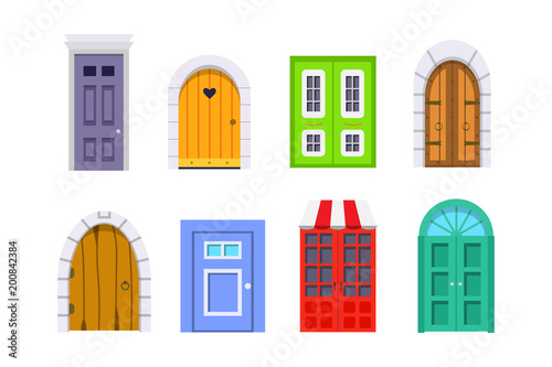 Set entrance door front view. homes and buildings vector element in cartoon style.