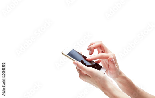 Closeup shot of a woman typing on mobile phone isolated on white background