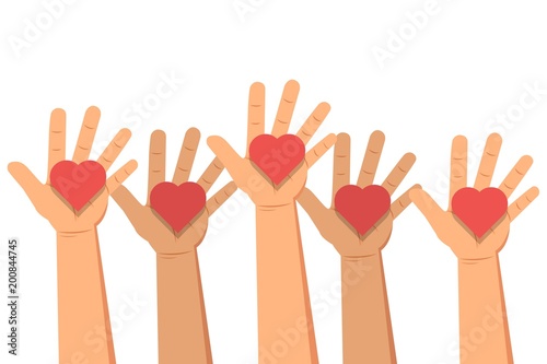 Donation banner concept. The hands gives the hearts. Vector illustration.