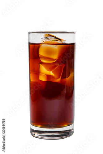 One-color, red, brown, transparent cocktail with ice cubes. Side view. Isolated white background. Drink in a glass glass for the menu restaurant, bar, cafe