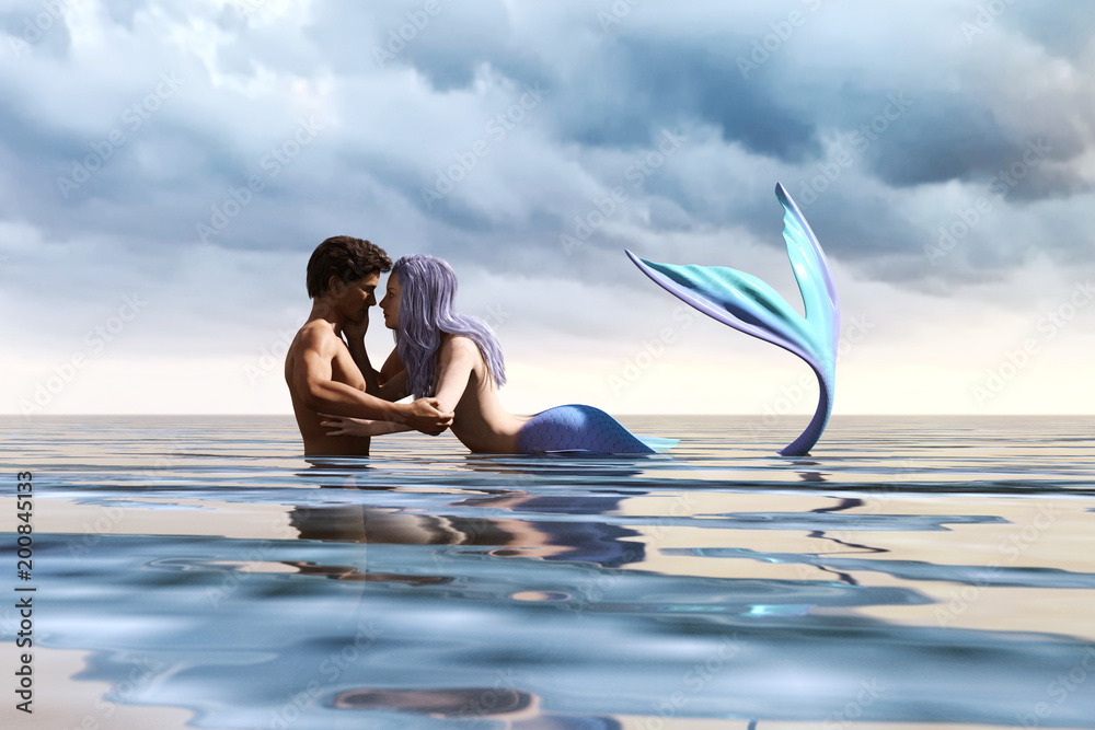Obraz premium A sea love story between man and a mermaid,3d Fantasy mermaid in mythical sea,Fantasy fairy tale of sea nymph,3d illustration for book cover or book illustration