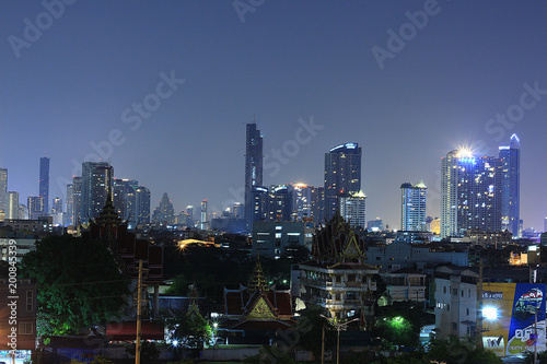 BANGKOK, THAILAND - April 15, 2018: Beautiful panorama view of nightlife of Bangkok city and buildings
