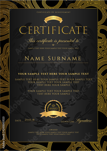 Certificate, Diploma (golden design template, colorful background) with floral, filigree pattern, scroll border, gold frame. Certificate of Achievement, coupon, award, winner certificate