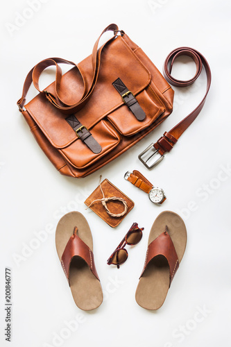 Men's casual outfits with accessories items on white background, lifestyle holiday traveler concept, flat lay fashion and beauty
