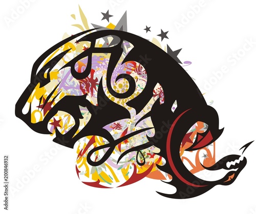 Fototapeta Naklejka Na Ścianę i Meble -  Grunge aggressive tiger head with a dragon. Angry tiger head symbol with an open jaw against colorful backdrops, floral elements and asterisks