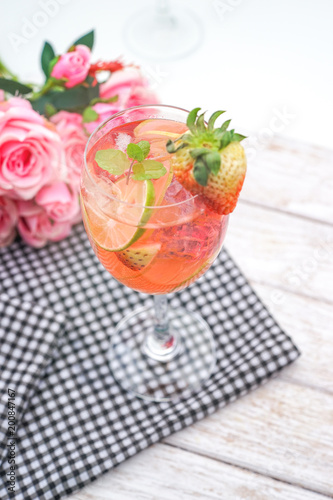 Fototapeta Naklejka Na Ścianę i Meble -  Pink Detox Drink of Strawberry, Cucumber and Lime, Idea for Infused Water, Detox Juice, Summer Drink, Party Drink