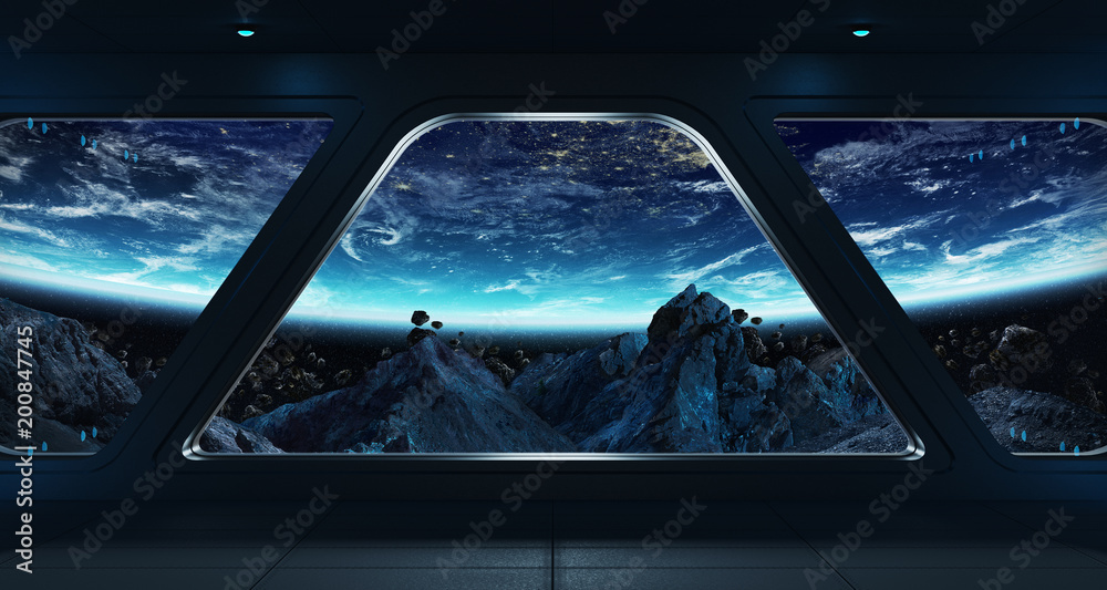 Obraz premium Statek kosmiczny futurystyczny wnętrze z widokiem na planety ziemi