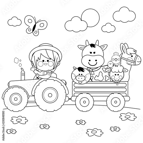 Farmer boy driving a tractor and carrying farm animals. Vector black and white coloring page.